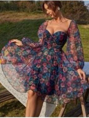 Sheer Puff Sleeve Floral Dress - Navy with Pink & Teal Flowers
